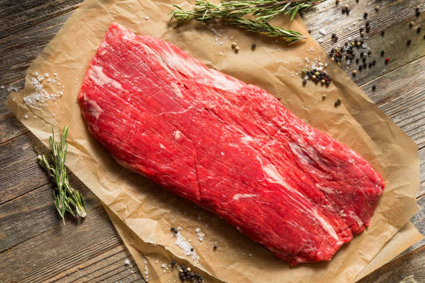 A piece of red meat showing the grain