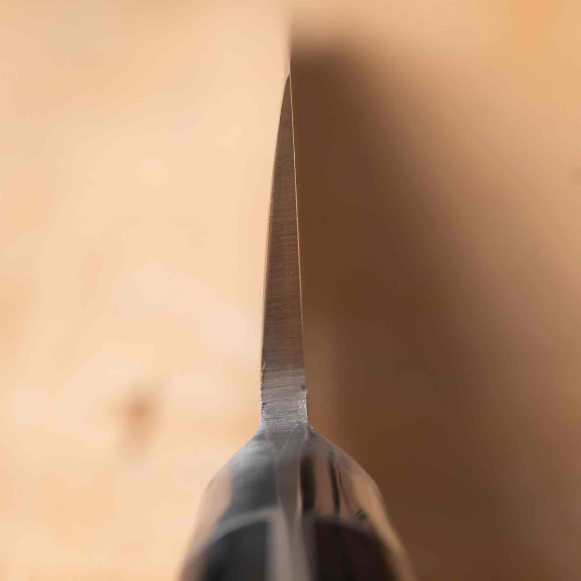 Close-up of a knife blade on a blurred background